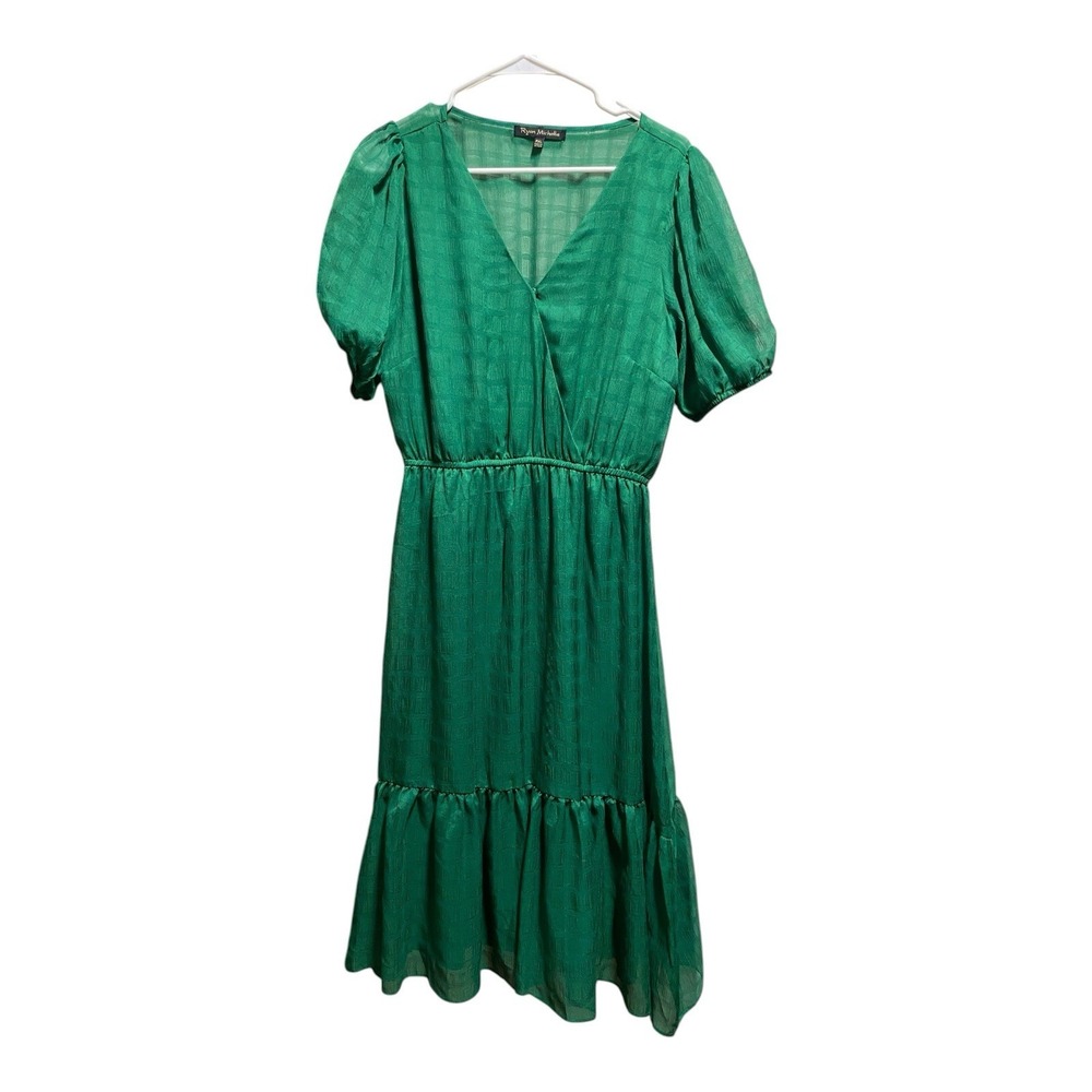 Ryan Michelle Green Textured Midi Dress Size PXL Puff Sleeve Empire Waist Boho